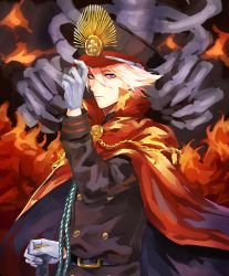Rule 34 | 1boy, adjusting clothes, adjusting headwear, bad id, bad twitter id, bishounen, blue eyes, cape, chain, cosplay, family crest, fate/apocrypha, fate (series), from side, gold chain, hat, heterochromia, highres, holding, holding sword, holding weapon, karna (fate), katana, koha-ace, looking at viewer, male focus, military, military hat, military uniform, oda nobunaga (fate), oda nobunaga (fate) (cosplay), oda nobunaga (koha-ace), oda uri, pale skin, peaked cap, red cape, red eyes, skeleton, solo, sword, uniform, upper body, weapon, white hair, yaesan6
