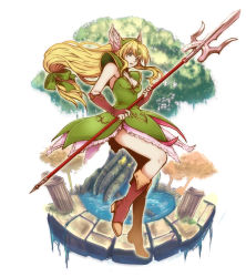 Rule 34 | 1girl, armor, blonde hair, blue eyes, boots, bow, breasts, bridal gauntlets, brown footwear, cleavage, dress, forehead jewel, frilled dress, frills, full body, green bow, green dress, hair bow, holding, holding spear, holding weapon, koshi (meermisa), long hair, looking at viewer, low-tied long hair, pauldrons, polearm, riesz, seiken densetsu, seiken densetsu 3, shoulder armor, small breasts, solo, spear, tree, water, weapon