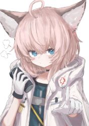 Rule 34 | 1girl, ahoge, animal ears, arknights, blue eyes, blush, can, canned coffee, choker, commentary request, drink can, fox ears, fox girl, gloves, highres, hood, hood down, hooded jacket, jacket, piennamekuzi, pout, short hair, solo, sussurro (arknights)