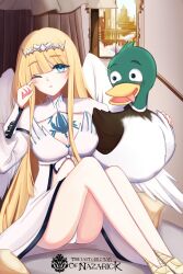 Rule 34 | 1girl, absurdres, angel wings, animal, artist request, bed, bedroom, bird, blonde hair, blue eyes, breasts, calca bessarez, chest tattoo, cleavage, dress, duck, highres, large breasts, long hair, long sleeves, looking at viewer, non-web source, one eye closed, overlord (maruyama), panties, queen, shoes, sitting, tattoo, tiara, underwear, white dress, white panties, window, wings