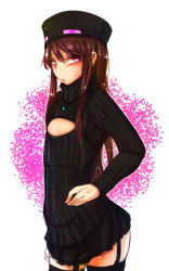 Rule 34 | 1girl, ander (at2.), at2., black thighhighs, blush, brown hair, cleavage cutout, clothing cutout, cowboy shot, embarrassed, enderman, flat chest, garter straps, hair between eyes, hand on own hip, hat, highres, long hair, long sleeves, looking at viewer, meme attire, minecraft, open-chest sweater, personification, pink background, pink eyes, ribbed sweater, simple background, solo, standing, sweater, thighhighs, tsurime, turtleneck, white background, zettai ryouiki