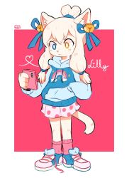 Rule 34 | 1girl, animal ears, bell, blue eyes, blue hoodie, blue ribbon, cat ears, cellphone, character name, closed mouth, colored skin, full body, furry, furry female, hair bell, hair ornament, hair ribbon, hand in pocket, heart, heterochromia, highres, holding, holding phone, hood, hood down, hoodie, jingle bell, lilly (sui (suizilla)), long hair, long sleeves, miniskirt, orange eyes, original, phone, pink background, pink skirt, pink socks, pleated skirt, polka dot, polka dot skirt, ribbon, shoes, signature, simple background, skirt, smartphone, socks, solo, standing, sui (suizilla), tail, untied footwear, white hair, white skin, wide-eyed