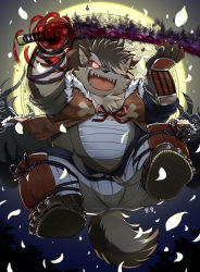 Rule 34 | 1boy, animal ears, animal nose, armor, brown hair, chest tuft, colored sclera, commentary request, dog boy, dog ears, dog tail, fangs, fangs out, fat, fat man, full body, furry, furry male, hair over one eye, highres, holding, holding sword, holding weapon, japanese armor, japanese clothes, kinoshita jiroh, kote, male focus, moon, muscular, muscular male, night, open mouth, petals, ponytail, red sclera, sandals, sarashi, scar, scar on face, shino (housamo), smile, snout, solo, suneate, sword, tail, tokyo houkago summoners, weapon
