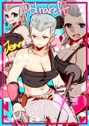 Rule 34 | 1girl, blue eyes, breasts, character name, cleavage, dated, dual wielding, earrings, flattop, frown, genderswap, genderswap (mtf), grey hair, holding, holding sword, holding weapon, jean pierre polnareff, jewelry, jojo no kimyou na bouken, large breasts, midriff, navel, no eyebrows, open mouth, pouch, rapier, smile, stardust crusaders, strapless, sword, tianel ent, tube top, twitter username, weapon