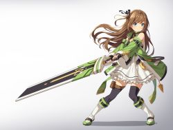 Rule 34 | 1girl, bad id, bad pixiv id, black gloves, black ribbon, black thighhighs, blue eyes, boots, brown hair, closed mouth, commentary, fingerless gloves, floating hair, gloves, gradient background, green jacket, grey background, hair between eyes, hair ribbon, holding, holding sword, holding weapon, huge weapon, jacket, kim bae-eo, knee boots, long hair, long sleeves, looking at viewer, one side up, original, pleated skirt, ribbon, shadow, signature, skirt, solo, standing, sword, thighhighs, thighhighs under boots, very long hair, weapon, white footwear, white skirt