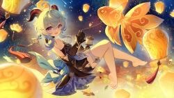 Rule 34 | 1girl, artist name, bare shoulders, barefoot, black gloves, blue hair, commentary request, fireworks, from side, full body, ganyu (genshin impact), ganyu (twilight blossom) (genshin impact), genshin impact, gloves, goat horns, hair between eyes, hair ornament, highres, horns, kite, lantern, looking at viewer, open mouth, paper lantern, purple eyes, red tassel, shoe soles, sky lantern, solo, tassel, tassel hair ornament, thigh strap, yu e baba