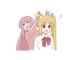 Rule 34 | &gt; &lt;, 2girls, ?, ahoge, blonde hair, bocchi the rock!, bow, bowtie, gotoh hitori, hand on another&#039;s head, highres, ijichi nijika, jacket, long hair, looking away, multiple girls, nervous, ookiiayu, open mouth, pink hair, pink jacket, pink track suit, red bow, red bowtie, red eyes, shirt, side ponytail, sidelocks, simple background, trembling, upper body, white background, white shirt