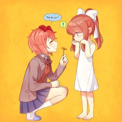 Rule 34 | !, 2girls, :d, ^ ^, aged down, barefoot, blue skirt, bow, brown hair, child, closed eyes, commentary, crying, doki doki literature club, dress, english text, closed eyes, facing another, flower, flower request, green eyes, grey jacket, hair bow, hair ribbon, jacket, kneehighs, long hair, long sleeves, looking at another, monika (doki doki literature club), multiple girls, nan (gokurou), open mouth, orange background, pink hair, pleated skirt, ponytail, profile, red bow, ribbon, sayori (doki doki literature club), shoes, short hair, simple background, skirt, sleeveless, sleeveless dress, smile, socks, spoken exclamation mark, squatting, standing, tears, twitter username, white dress, white legwear, white ribbon