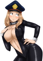 Rule 34 | 1girl, absurdres, bad id, bad pixiv id, black bodysuit, blonde hair, blush, bodysuit, boku no hero academia, breasts, brown eyes, brown hair, cleavage, collarbone, curvy, day, hat, highres, large breasts, lips, long hair, navel, next one, no bra, open bodysuit, open clothes, parted lips, peaked cap, simple background, solo, unzipped, utsushimi kemii, white background, wide hips