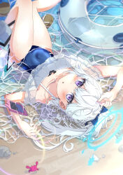 Rule 34 | 1girl, absurdres, animal, bare arms, bare legs, bare shoulders, black one-piece swimsuit, blue archive, blue halo, blush, cellphone, crab, frilled one-piece swimsuit, frills, grey hair, halo, highres, long hair, looking at viewer, miyako (blue archive), miyako (swimsuit) (blue archive), ocean, off-shoulder one-piece swimsuit, off shoulder, official alternate costume, one-piece swimsuit, open mouth, phone, ponytail, purple eyes, rojyuhi, smartphone, solo, swimsuit, water