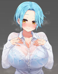Rule 34 | 1girl, artist name, blue bra, blue hair, bra, bra visible through clothes, breast pocket, breasts, collared shirt, dress shirt, festa11307070, hand up, hands on own chest, huge breasts, long sleeves, moira (nijisanji), mole, mole under mouth, nijisanji, pocket, see-through, shirt, short hair, simple background, solo, steaming body, underwear, upper body, virtual youtuber, wet, wet clothes, wet shirt, white shirt, yellow eyes