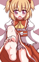 Rule 34 | 1girl, akabashi yuusuke, barefoot, blonde hair, blush, child, fairy wings, fangs, feet, foot focus, highres, looking down, open mouth, pov, purple eyes, shiny skin, short hair, soles, solo, sunny milk, toes, touhou, twintails, wings