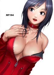 Rule 34 | 1girl, bare shoulders, black eyes, black hair, blue eyes, blue hair, bodysuit, breasts, center opening, cleavage, collar, fingernails, hand on own chest, large breasts, lips, lipstick, makeup, matching hair/eyes, nail polish, ryu (ryu&#039;s form site), shiny skin, simple background, solo, unzipped, zipper