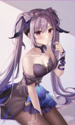 Rule 34 | 1girl, absurdres, bare shoulders, black pantyhose, blush, braid, breasts, cone hair bun, detached sleeves, double bun, dress, genshin impact, gloves, hair bun, hair ornament, highres, keqing (genshin impact), keqing (opulent splendor) (genshin impact), long hair, looking at viewer, medium breasts, official alternate costume, pantyhose, purple eyes, purple hair, solo, thighs, twintails, wolla