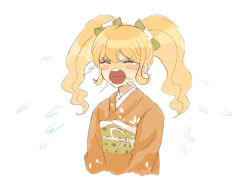 Rule 34 | 1girl, :o, blonde hair, blush stickers, bow, cat hair ornament, closed eyes, commentary, commentary request, cropped torso, crying, danganronpa (series), danganronpa 2: goodbye despair, flying teardrops, furisode, hair bow, hair ornament, highres, japanese clothes, kimono, long hair, mochi (yuriraru), obi, open mouth, saionji hiyoko, sash, solo, symbol-only commentary, teeth, twintails, upper teeth only