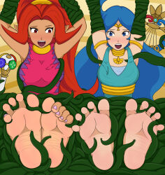 Rule 34 | 2girls, barefoot, blue eyes, blue hair, din, dst1278, feet, foot focus, long hair, multiple girls, nail polish, nayru, nintendo, plant, red eyes, red hair, signature, soles, the legend of zelda, the legend of zelda: oracle of ages, the legend of zelda: oracle of seasons, tickling, tickling feet, toenail polish, toenails, toes, vines