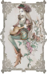 Rule 34 | 1girl, bird, blonde hair, boots, closed eyes, feathers, flower, food, fruit, grapes, hat, high heel boots, high heels, instrument, kmitty, leaf, long hair, makeup, nail polish, priscilla (the witcher), solo, squirrel, the witcher (series), the witcher 3, white background