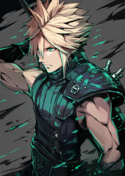 Rule 34 | 1boy, armor, black sweater, blonde hair, closed mouth, cloud strife, final fantasy, final fantasy vii, final fantasy vii remake, green eyes, grey background, hair between eyes, hand up, highres, holding, holding sword, holding weapon, male focus, pauldrons, pokimari, shoulder armor, single pauldron, sleeveless, sleeveless sweater, solo, sweater, sword, sword behind back, upper body, weapon