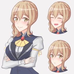 Rule 34 | 10s, 1girl, blush, brown eyes, brown hair, crossed arms, expressions, closed eyes, goblin slayer!, guild girl (goblin slayer!), hair between eyes, moveslikebagel, open mouth, smile, solo, uniform