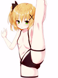 Rule 34 | 1girl, arm support, black panties, black ribbon, blonde hair, blush, breasts, cameltoe, collarbone, green eyes, hair between eyes, hair ornament, hair ribbon, highres, kneepits, leg up, one side up, panties, parted lips, ribbon, sidelocks, small breasts, solo, sora no kanata no dystopia, split, standing, standing on one leg, standing split, topless, underwear, underwear only, x hair ornament, yuku (kiollion)
