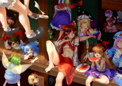 Rule 34 | 6+girls, ;), all fours, animal ears, arm support, bandages, bare arms, bare legs, bare shoulders, barefoot, black hair, blonde hair, bloomers, blue dress, blue eyes, blue hair, blush stickers, bow, broom, broom riding, brown eyes, brown hair, cat ears, cat tail, chen, cherry blossoms, cirno, closed eyes, closed mouth, clothes lift, cup, daiyousei, detached sleeves, dress, drooling, earrings, fairy wings, food, frills, frog, fruit, gap (touhou), green hair, hair bow, hair ribbon, hair tubes, hakurei reimu, half-closed eye, hand up, hat, highres, holding, holding cup, holding plate, horn ornament, horn ribbon, horns, houraisan kaguya, ibuki suika, ice, ice wings, inf (pixiv3313624), izayoi sakuya, japanese clothes, jewelry, kirisame marisa, knee up, kochiya sanae, leaning back, lifting own clothes, light purple hair, long hair, long sleeves, looking at another, looking up, lying, mob cap, multiple girls, multiple tails, navel, nekomata, off-shoulder dress, off shoulder, on stomach, one eye closed, open mouth, orange hair, outdoors, plate, puffy short sleeves, puffy sleeves, purple eyes, pyonta, red eyes, remilia scarlet, ribbon, ribbon-trimmed sleeves, ribbon trim, rumia, saigyouji yuyuko, sarashi, sash, seiza, shirt, shirt lift, short hair, short sleeves, side ponytail, single earring, sitting, skirt, skirt set, sleeveless, sleeveless shirt, smile, squatting, stomach, summer, table, tail, touhou, triangular headpiece, two tails, underwear, uneven eyes, walking, watermelon, white shirt, wide sleeves, wing collar, wings, yakumo yukari