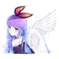 Rule 34 | 1girl, angel wings, black dress, blush, bow, closed mouth, commentary request, dress, frills, hair bow, korean commentary, long hair, looking at viewer, looking back, original, purple eyes, purple hair, signature, solo, sparkle, tr (hareru), upper body, wings