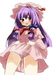Rule 34 | 1girl, bad id, bad pixiv id, blush, bow, capelet, clothes lift, dress, dress lift, female focus, from below, fujishiro emyu, hair ribbon, hat, long hair, open mouth, panties, patchouli knowledge, pee, peeing, peeing self, pink dress, pink panties, pink skirt, purple eyes, purple hair, purposeful wetting, ribbon, skirt, solo, tears, touhou, underwear, wet, wet clothes, wet panties