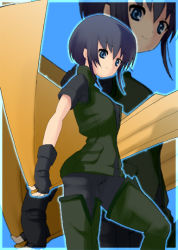 Rule 34 | 1girl, alternate hair color, black hair, black pants, blue background, blue eyes, boots, breasts, cape, cathari, closed mouth, fingerless gloves, from side, gensou suikoden, gensou suikoden v, gloves, green footwear, green vest, holding, holding cape, holding clothes, looking at viewer, looking down, pants, pocket, short hair, short sleeves, simple background, solo, sora to umi, standing, thigh boots, thighhighs, vest, zoom layer