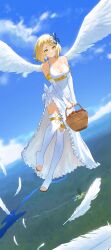 Rule 34 | 1girl, absurdres, angel, angel wings, basket, blonde hair, blue ribbon, breasts, detached sleeves, dress, e ga ku, falling feathers, feathers, flying, forest, fruit basket, full body, hair ribbon, highres, holding, holding basket, isekai nonbiri nouka, large breasts, nature, ribbon, river, side slit, sleeveless, sleeveless dress, solo, thigh strap, thighhighs, tia (isekai nonbiri nouka), white dress, white thighhighs, wings, yellow eyes