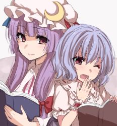 Rule 34 | 2girls, asa (coco), blue hair, blunt bangs, book, crescent, crescent hair ornament, eyebrows, frills, hair ornament, hair ribbon, hat, long hair, multiple girls, one eye closed, open book, patchouli knowledge, puffy short sleeves, puffy sleeves, purple eyes, purple hair, reading, red eyes, remilia scarlet, ribbon, ribbon trim, short hair, short sleeves, sidelocks, simple background, smile, touhou, tress ribbon, white background, wristband, yawning