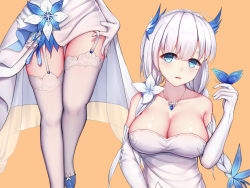 Rule 34 | 1girl, absurdres, azur lane, blue butterfly, blue eyes, blush, braid, breasts, bug, butterfly, butterfly on hand, cleavage, collarbone, dress, elbow gloves, feather hair ornament, feathers, garter straps, gloves, hair ornament, highres, illustrious (azur lane), illustrious (illustrious ball) (azur lane), insect, jean.organ, jewelry, large breasts, long hair, mole, mole under eye, multiple views, necklace, parted lips, pendant, silver hair, simple background, strapless, strapless dress, thigh gap, thighhighs, twin braids, white dress, white gloves, white thighhighs, yellow background, zettai ryouiki