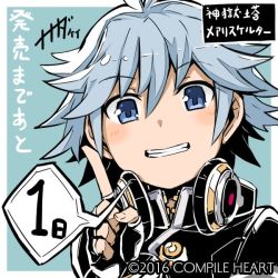 Rule 34 | 1boy, 2016, blue eyes, blue hair, company name, copyright name, countdown, finger counting, grin, headphones, headphones around neck, jack (mary skelter), jacket, looking at viewer, male focus, mary skelter, matching hair/eyes, nanameda kei, official art, smile, solo, teeth