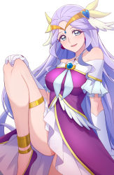 Rule 34 | 1girl, anklet, blue eyes, blush, bracelet, breasts, brooch, cure earth, dress, earrings, elbow gloves, frills, gloves, hair ornament, head wings, healin&#039; good precure, highres, jewelry, leaf hair ornament, long hair, looking at viewer, medium breasts, namidate, no panties, open mouth, precure, purple dress, purple hair, see-through, see-through skirt, simple background, skirt, smile, solo, standing, standing on one leg, thighs, tiara, wavy hair, white background, white gloves, wings