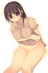 Rule 34 | 1girl, arima senne, breast hold, breasts, brown eyes, brown hair, clothes lift, dress, dress lift, eyebrows, female pubic hair, frilled dress, frills, glasses, kashiwamochi yomogi, looking at viewer, no panties, original, peeing, pubic hair, puddle, see-through, solo, suggestive fluid, wakamezake
