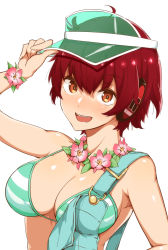 Rule 34 | 1girl, adjusting clothes, adjusting headwear, bare shoulders, bikini, bikini top only, blush, breasts, character request, copyright request, flower, flower necklace, green bikini, hand up, headphones, highres, jewelry, large breasts, looking at viewer, necklace, open mouth, orange hair, overalls, red eyes, short hair, simple background, smile, solo, swimsuit, tokiwa midori (kyokutou funamushi), visor cap, white background
