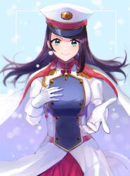 Rule 34 | 1girl, absurdres, alternate hairstyle, black hair, blue background, blurry, blurry background, blush, breasts, cloak, closed mouth, cowboy shot, domucha, dot nose, dress, earrings, epaulettes, fur-trimmed dress, fur-trimmed gloves, fur trim, gloves, green eyes, hand on own chest, hands up, hat, highres, idolmaster, idolmaster cinderella girls, idolmaster cinderella girls starlight stage, jewelry, large breasts, long hair, looking at viewer, reaching, reaching towards viewer, smile, snowing, solo, standing, two-tone dress, white cloak, white gloves, white hat, yamato aki