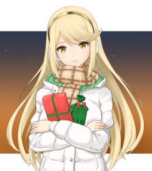Rule 34 | 1girl, alternate costume, blonde hair, breasts, casual, dolling60883582, dollinger, gift, gradient background, hair ornament, headpiece, holding, holding gift, jacket, jewelry, large breasts, long hair, mythra (xenoblade), nintendo, scarf, smile, solo, swept bangs, very long hair, white background, xenoblade chronicles (series), xenoblade chronicles 2