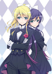 Rule 34 | 10s, 2girls, argyle, argyle background, argyle clothes, ayase eli, back-to-back, blonde hair, blue eyes, boutonniere, bow, bowtie, breasts, dress, formal, gloves, green eyes, hair bow, long hair, looking at viewer, love live!, love live! school idol project, love wing bell, medium breasts, multiple girls, ponytail, purple hair, smile, tailcoat, takano saku, tojo nozomi, traditional bowtie, tuxedo, twintails