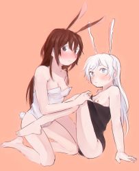 Rule 34 | 2girls, animal ears, assisted exposure, bare arms, bare shoulders, blue eyes, blush, breasts, brown eyes, brown hair, cleavage, closed mouth, embarrassed, extra ears, facing viewer, fake animal ears, faunus (rwby), full body, hair between eyes, hair down, hand up, highres, kneeling, legs up, leotard, long hair, looking at viewer, matching hair/eyes, multiple girls, nervous, nipples, no bra, open mouth, playboy bunny, rabbit ears, rabbit girl, rabbit tail, rwby, sitting, small breasts, spread legs, tail, undressing, undressing another, velvet scarlatina, weiss schnee, white hair, yuri