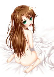 Rule 34 | 1girl, ass, barefoot, bed, blanket, blush, brown hair, completely nude, from above, full body, gradient background, green eyes, highres, koshigaya komari, long hair, non non biyori, nude, oosato haya, open mouth, sitting, solo, two side up, wariza, white background