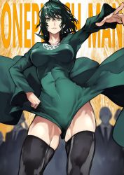 Rule 34 | 1girl, absurdres, bad id, bad twitter id, black thighhighs, breasts, business suit, copyright name, covered navel, dress, formal, fubuki (one-punch man), green dress, green eyes, green hair, grin, hair between eyes, hand on own hip, highres, long hair, looking at viewer, necktie, one-punch man, ponytail, smile, solo focus, suit, thighhighs, thighs, yoshio (55level)
