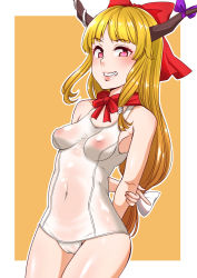 Rule 34 | 1girl, alternate costume, armpit peek, arms behind back, blonde hair, blush, bow, breasts, cameltoe, cleft of venus, commentary, covered erect nipples, cowboy shot, grin, hair bow, hair ribbon, highres, horn bow, horn ornament, horns, ibuki suika, index finger raised, lips, long hair, looking at viewer, low-tied long hair, medium breasts, one-piece swimsuit, oni horns, orange background, panties, pink eyes, red bow, red scarf, ribbon, scarf, see-through, shiraue yuu, sidelocks, simple background, smile, solo, swimsuit, thighs, touhou, tress ribbon, underwear, white panties, white one-piece swimsuit