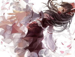 Rule 34 | 1girl, bison cangshu, black eyes, black hair, bow, detached sleeves, hair bow, hair ornament, hair ribbon, hair tubes, hakurei reimu, long hair, looking at viewer, outstretched arms, petals, ribbon, rope, shimenawa, solo, spread arms, touhou