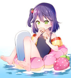Rule 34 | 1girl, bare legs, bare shoulders, barefoot, black one-piece swimsuit, blush, eating, food, food-themed hair ornament, full body, genderswap, genderswap (mtf), green eyes, hair between eyes, hair ornament, highres, holding, holding food, inflatable armbands, inflatable toy, innertube, kenmochi touya, kickboard, knees up, meito (maze), nijisanji, one-piece swimsuit, one side up, purple hair, school swimsuit, soles, solo, strawberry hair ornament, swim ring, swimsuit, virtual youtuber, water, white background