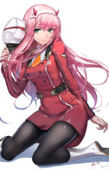 Rule 34 | &gt;:), 10s, 1girl, black pantyhose, blunt bangs, boots, breasts, closed mouth, darling in the franxx, dated, green eyes, greyscale, hat, highres, holding, holding clothes, holding hat, horns, knee boots, kneeling, long hair, long sleeves, looking at viewer, looking back, looking to the side, medium breasts, military, military uniform, monochrome, nail polish, necktie, orange necktie, pantyhose, pink eyes, pink hair, pink nails, rabbit (tukenitian), shiny clothes, signature, simple background, sketch, small breasts, solo, striped, tsurime, uniform, unworn hat, unworn headwear, v-shaped eyebrows, vertical stripes, white background, white footwear, white hat, zero two (darling in the franxx)