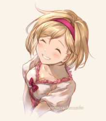 Rule 34 | 1girl, 2017, ^ ^, artist name, blonde hair, bow, breasts, cleavage, closed eyes, collarbone, dated, djeeta (granblue fantasy), granblue fantasy, grin, hairband, hanosuke, medium breasts, medium hair, pink bow, red hairband, shirt, short sleeves, smile, solo, upper body, white shirt