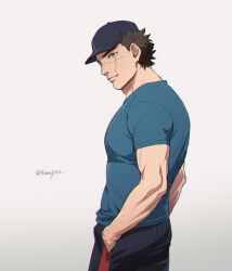 Rule 34 | 1boy, alternate costume, baseball cap, blue shirt, brown eyes, brown hair, casual, facial scar, foxvulpine, from behind, golden kamuy, hat, male focus, scar, scar on cheek, scar on face, scar on mouth, scar on nose, shirt, short hair, smile, solo, sugimoto saichi, toned, toned male