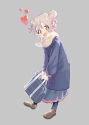 Rule 34 | 1girl, :d, bag, brown eyes, brown footwear, coat, commentary, double bun, full body, grey background, grey hair, gustavo schuler, hair between eyes, hair bun, hair ribbon, heart, highres, holding, holding bag, long sleeves, looking at viewer, onii-chan wa oshimai!, open mouth, oyama mahiro, pink ribbon, ribbon, scarf, school bag, shoes, simple background, smile, solo, symbol-only commentary, winter clothes, winter coat