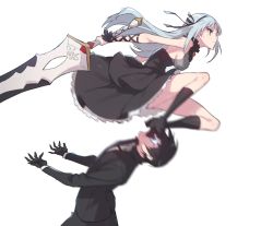Rule 34 | 1boy, 1girl, black dress, black gloves, black hair, black ribbon, black socks, breasts, closers, dress, foot on head, formal, frilled dress, frills, gloves, grey eyes, hair ribbon, holding, holding sword, holding weapon, hyde (closers), kneehighs, long hair, medium breasts, motion blur, ribbon, shoes, sideboob, silver hair, simple background, socks, stepped on, suit, supernew, sword, violet (closers), weapon, white background