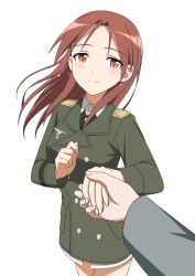 Rule 34 | 1girl, blush, breasts, closed mouth, highres, holding hands, kanata mako, long hair, looking at viewer, medium breasts, military, military uniform, minna-dietlinde wilcke, orange eyes, pov, red hair, simple background, slit pupils, smile, standing, strike witches, uniform, white background, world witches series